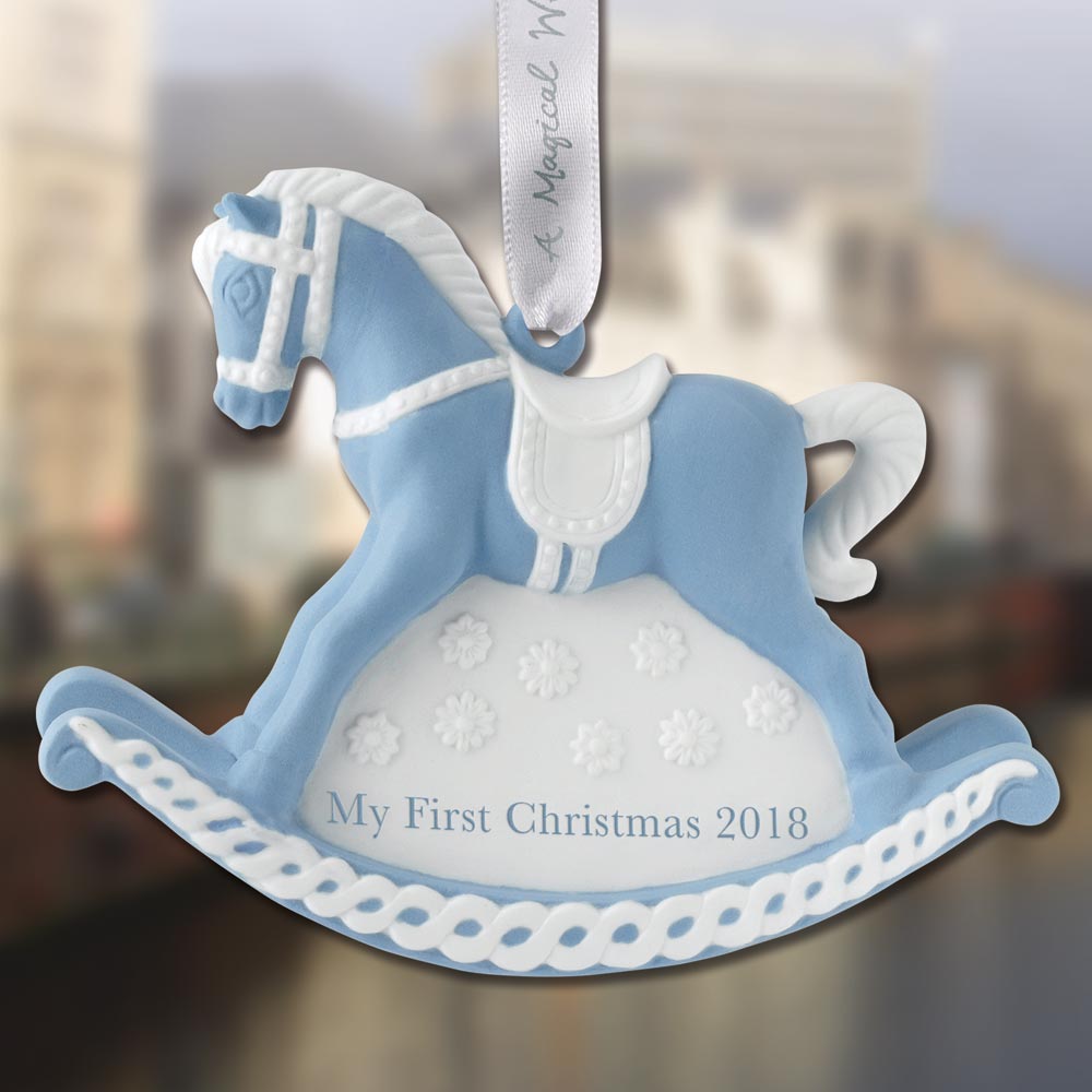 2018 Wedgwood Blue Baby's First Christmas Rocking Horse Porcelain