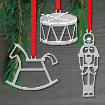 Nambe Drum, Rocking Horse & Nutcracker Mini Silverplate Ornament Set image