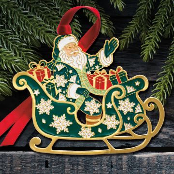 2026 Fitz and Floyd Santa in Sleigh 1st Edition Goldplate & Enamel Ornament image