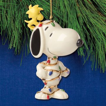 2026 Lenox Snoopy & Woodstock Tangled in Lights Porcelain Ornament image