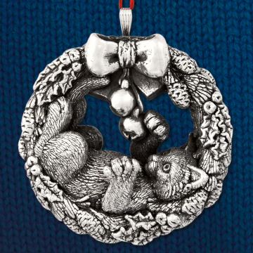 Cat of Mine Playful Kitten in Wreath 3D Sterling Ornament image