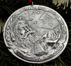1998 Sculpture Workshop Santa with Snowbirds Sterling Ornament image